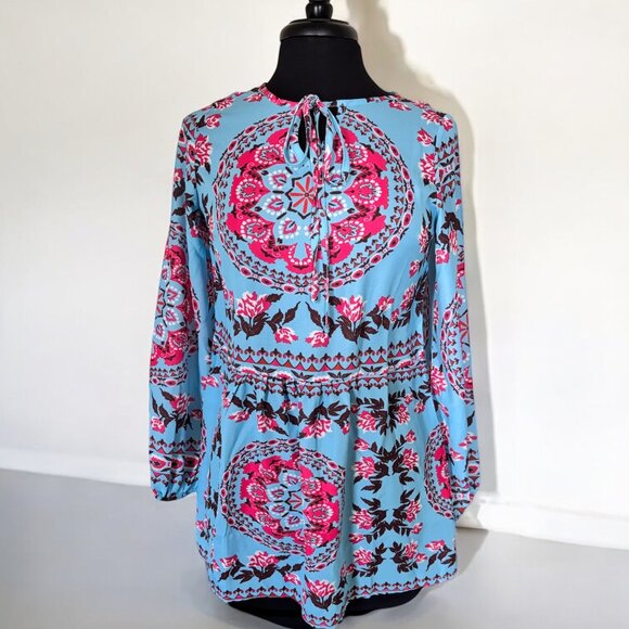 Blue Bohemian Print Tassel Tie V Neck Blouse - Picture 1 of 8